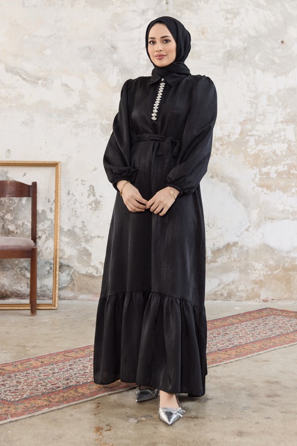 Taş Detaylı Jakar Elbise - Siyah