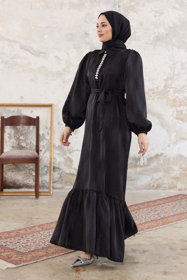 Taş Detaylı Jakar Elbise - Siyah