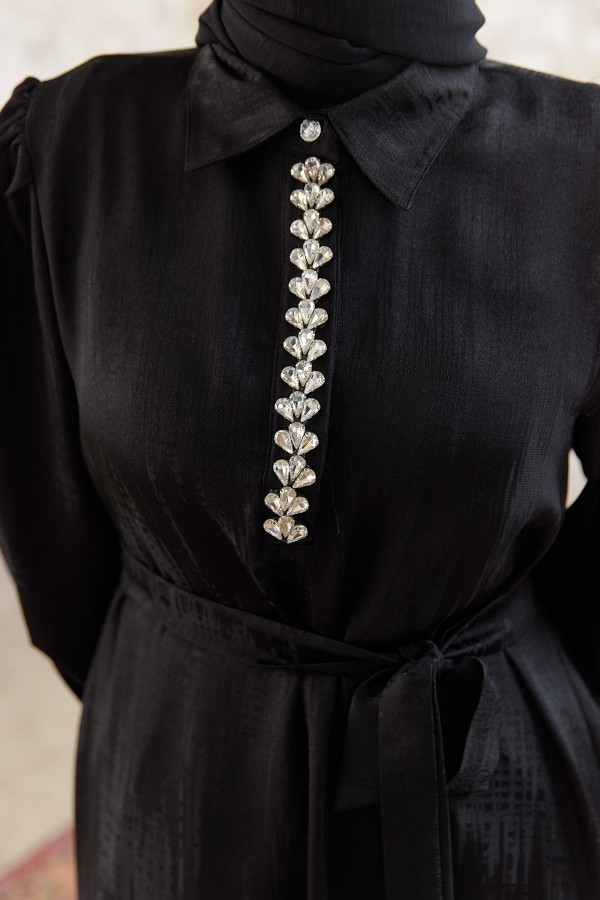 Taş Detaylı Jakar Elbise - Siyah