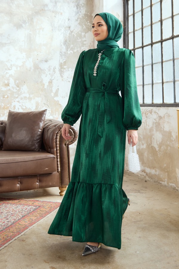 Jacquard Dress with Stone Collar - Emerald