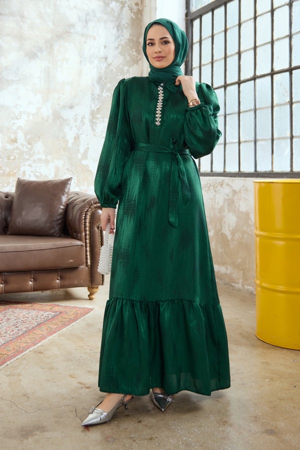 Jacquard Dress with Stone Collar - Emerald