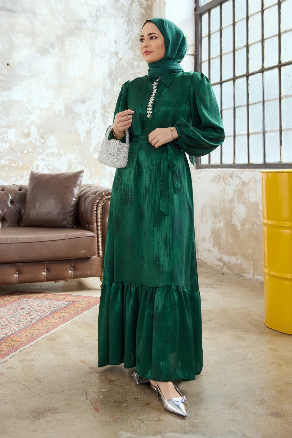 Jacquard Dress with Stone Collar - Emerald