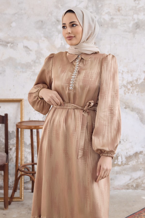 Taş Detaylı Jakar Elbise - Gold