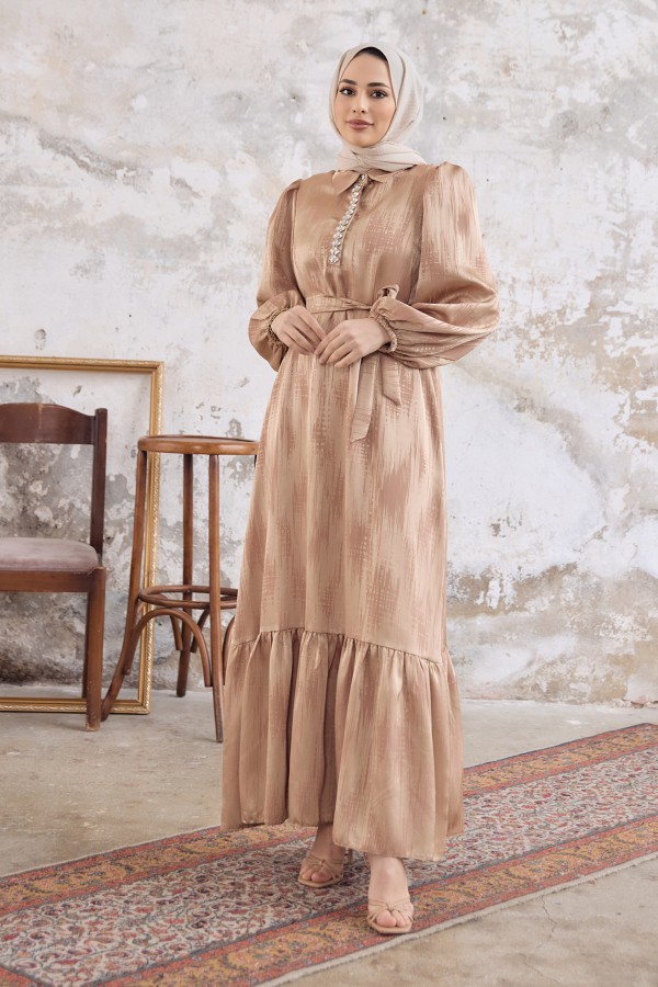 Taş Detaylı Jakar Elbise - Gold