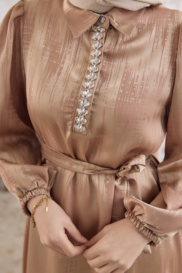 Taş Detaylı Jakar Elbise - Gold