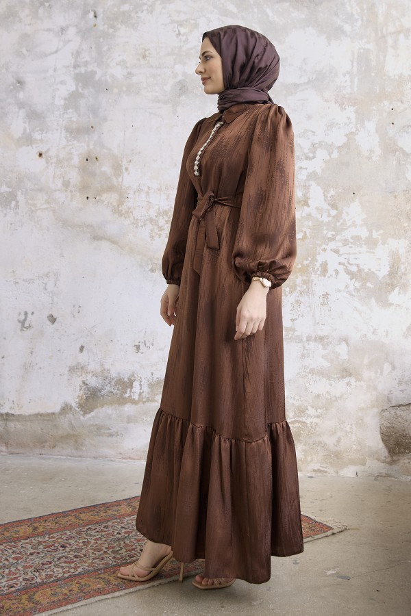 Taş Detaylı Jakar Elbise - Kahve