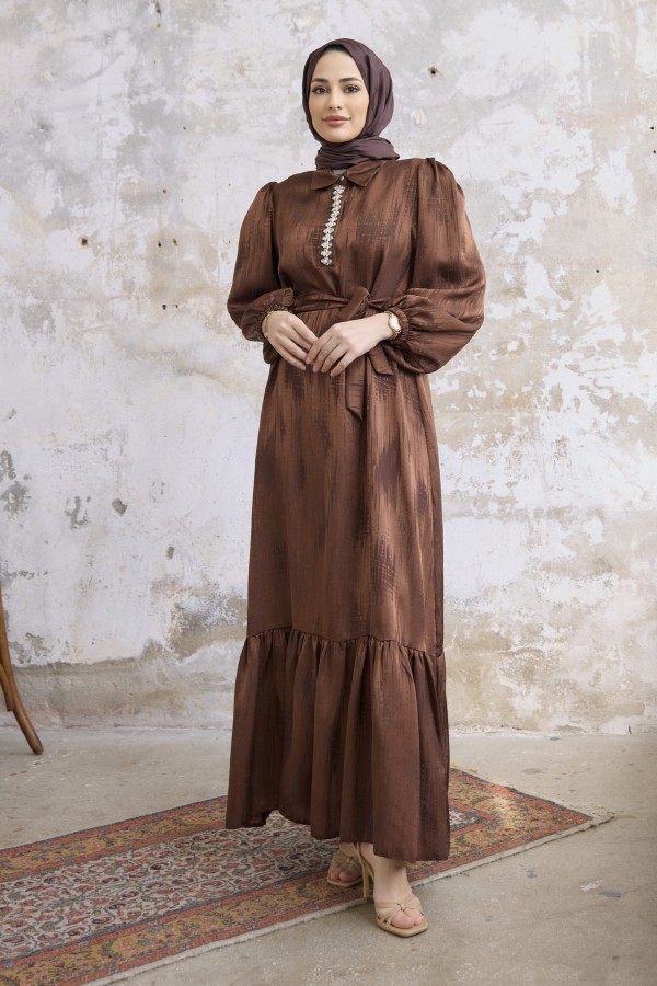 Taş Detaylı Jakar Elbise - Kahve