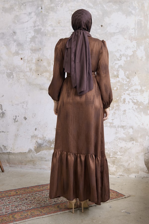 Taş Detaylı Jakar Elbise - Kahve