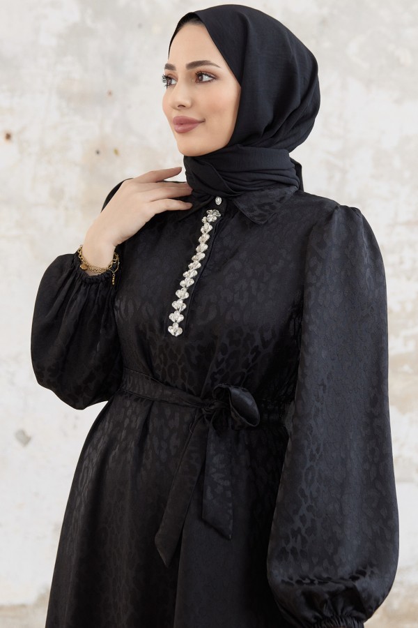 Liya Taşlı Jakar Elbise - Siyah