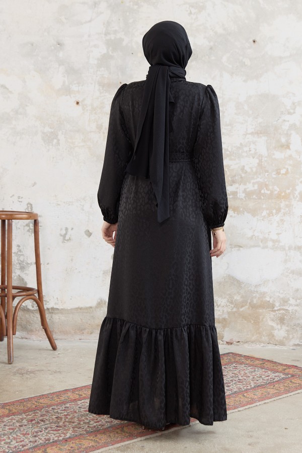 Liya Taşlı Jakar Elbise - Siyah