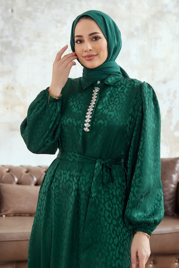 Liya Taşlı Jakar Elbise - Zümrüt