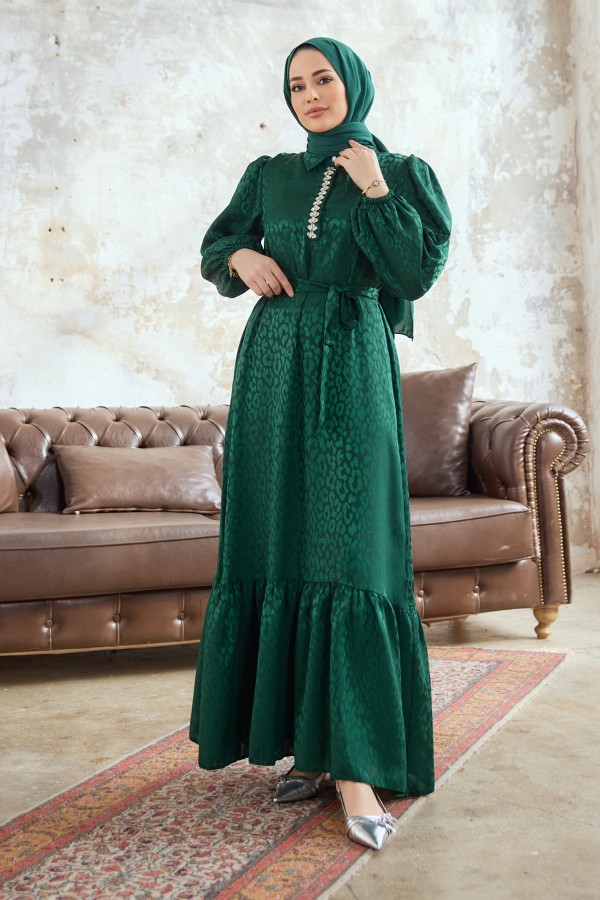 Liya Taşlı Jakar Elbise - Zümrüt