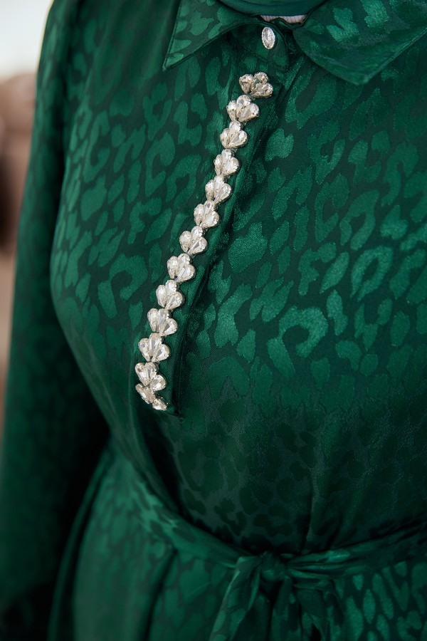 Liya Taşlı Jakar Elbise - Zümrüt