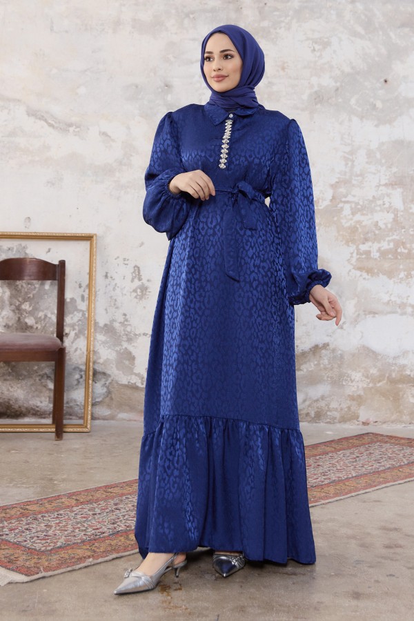 Liya Taşlı Jakar Elbise - İndigo