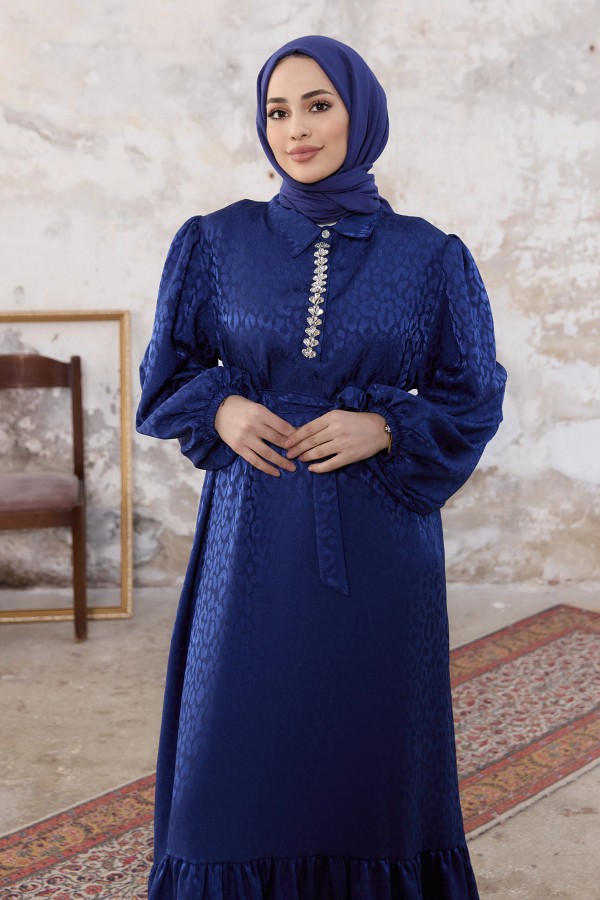 Liya Taşlı Jakar Elbise - İndigo