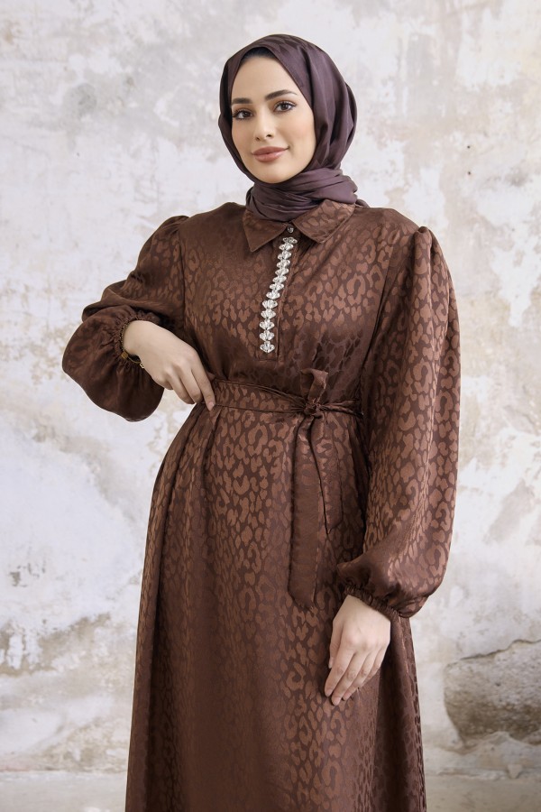 Liya Taşlı Jakar Elbise - Kahve
