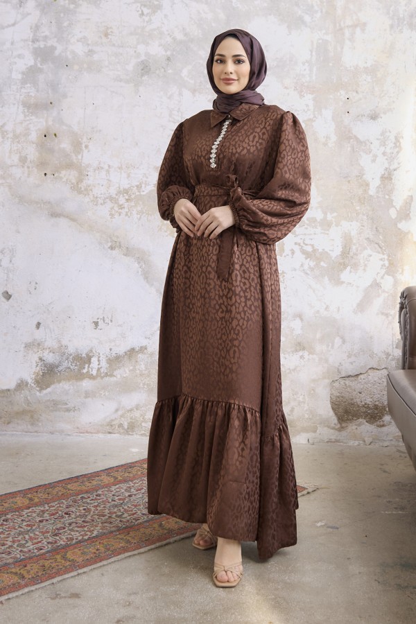 Liya Taşlı Jakar Elbise - Kahve