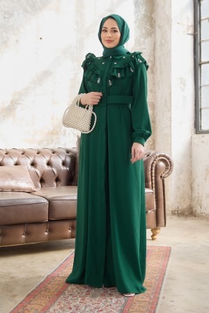 Frilled Pearl Dress - Emerald