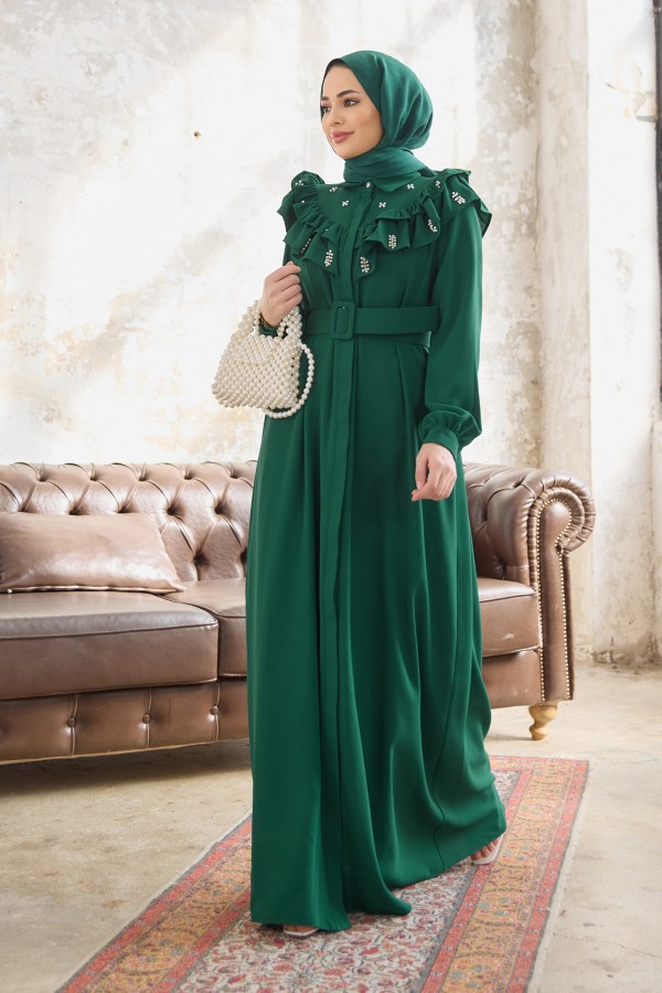Frilled Pearl Dress - Emerald
