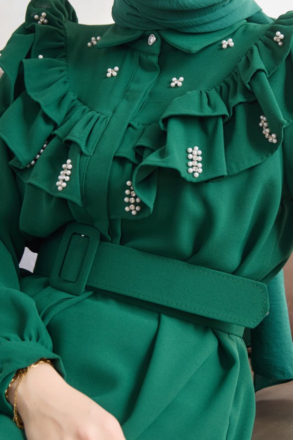 Frilled Pearl Dress - Emerald