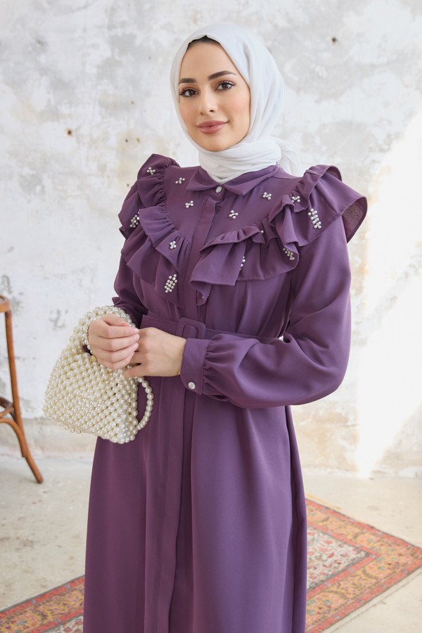 Fırfırlı İncili Elbise - Leylak