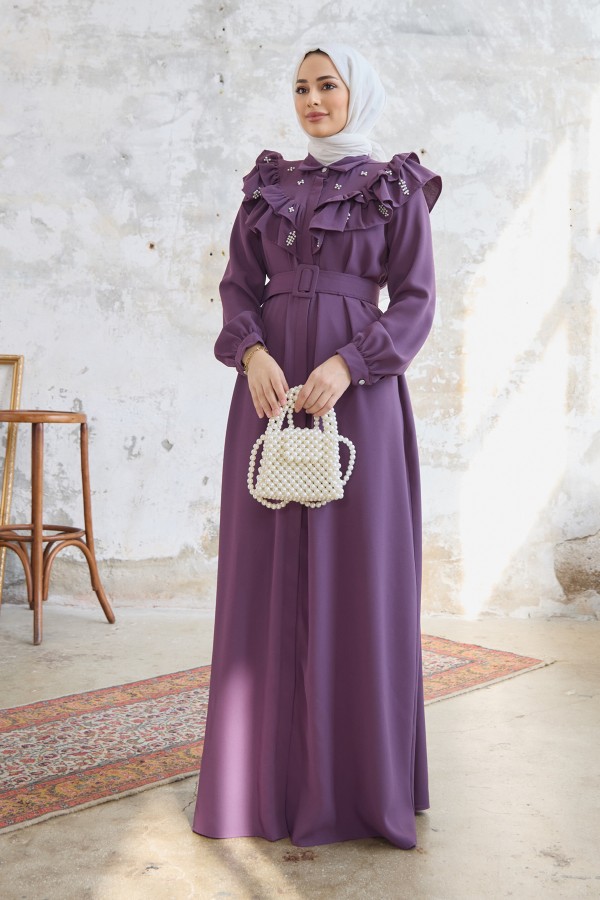 Fırfırlı İncili Elbise - Leylak