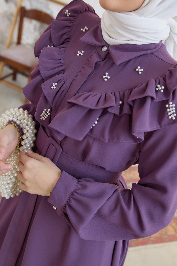 Fırfırlı İncili Elbise - Leylak