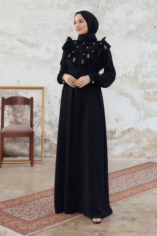 Fırfırlı İncili Elbise - Siyah