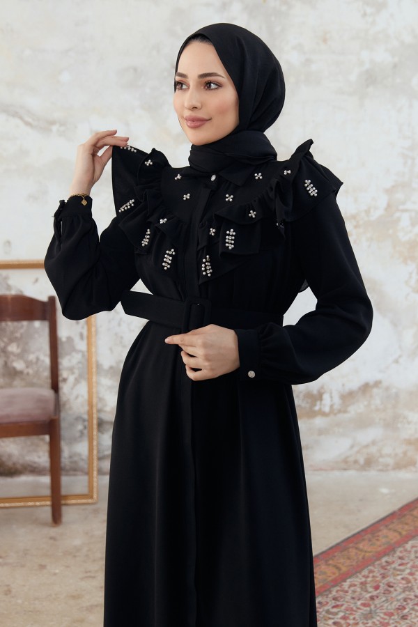 Fırfırlı İncili Elbise - Siyah