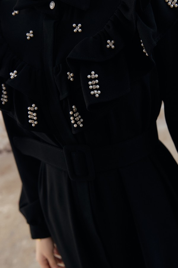 Fırfırlı İncili Elbise - Siyah