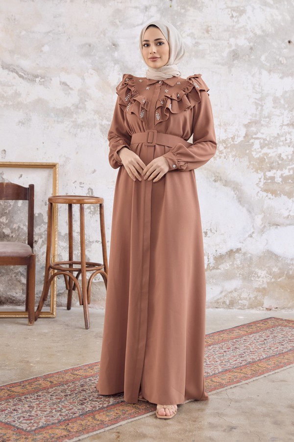 Fırfırlı İncili Elbise - Camel