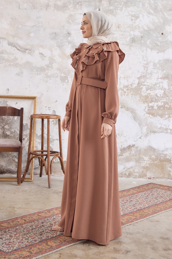 Fırfırlı İncili Elbise - Camel