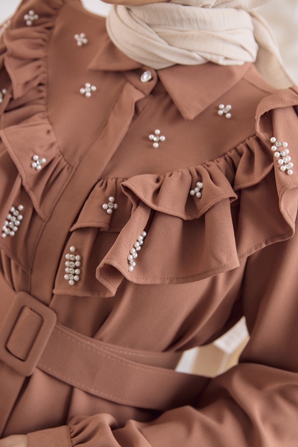 Fırfırlı İncili Elbise - Camel