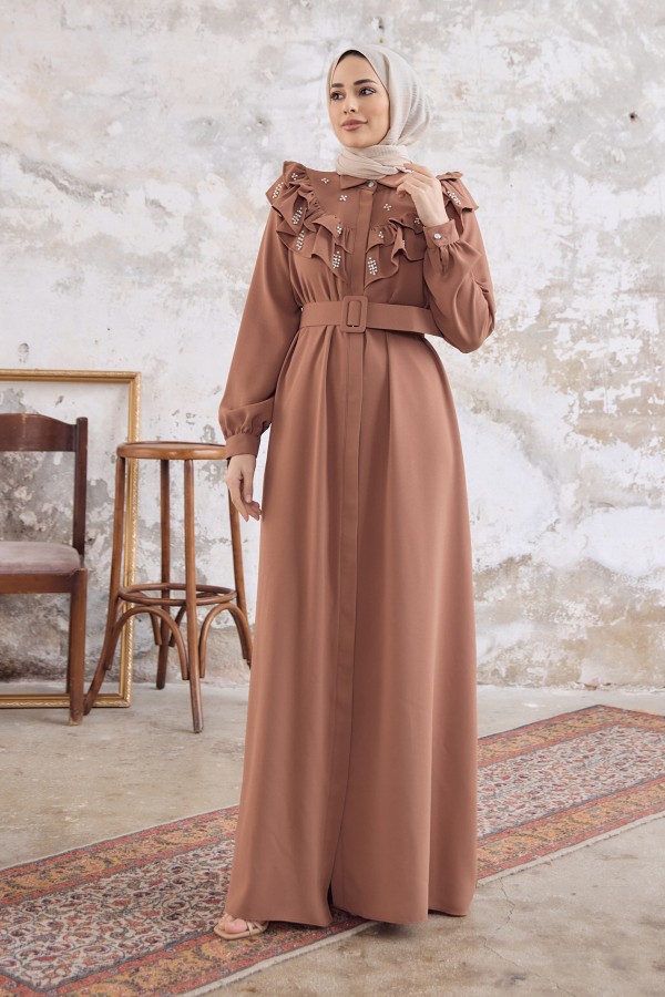 Fırfırlı İncili Elbise - Camel