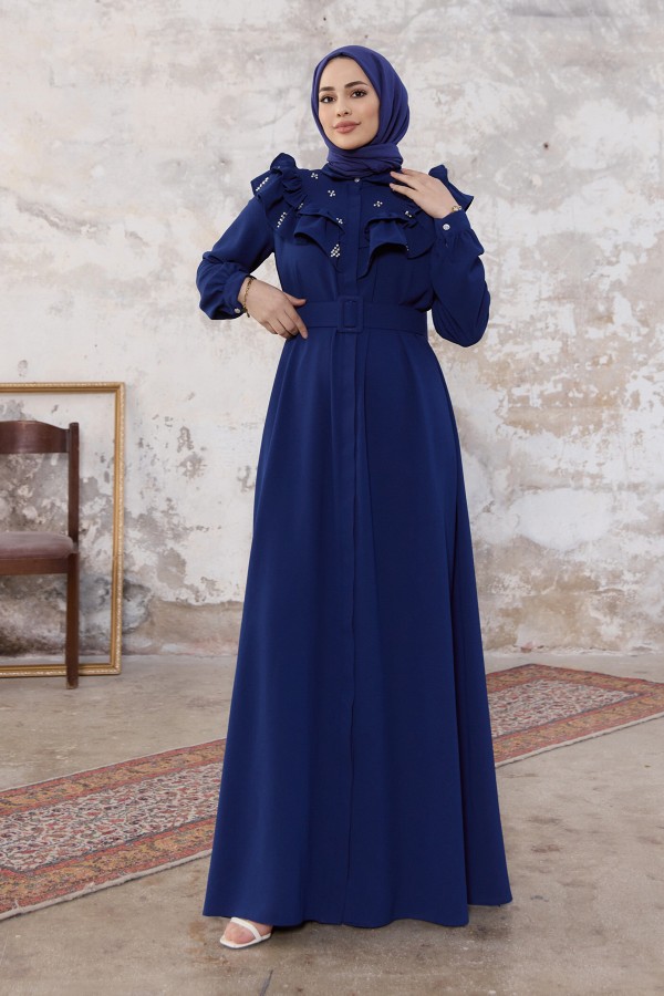 Frilled Pearl Dress - Indigo