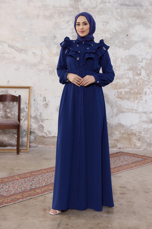 Frilled Pearl Dress - Indigo