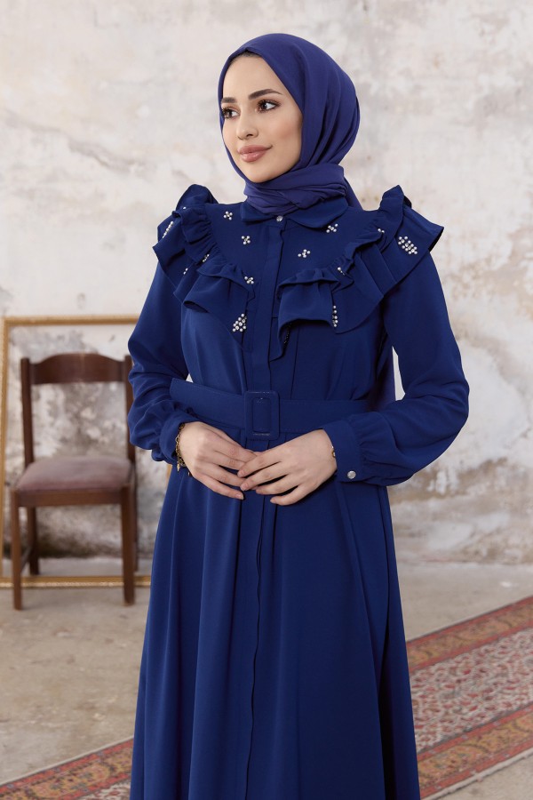 Fırfırlı İncili Elbise - İndigo