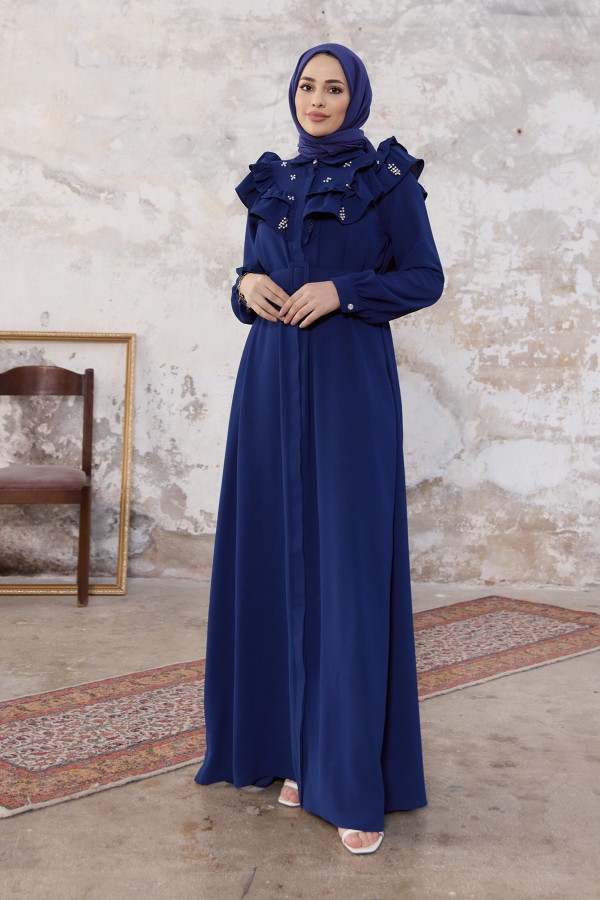 Fırfırlı İncili Elbise - İndigo