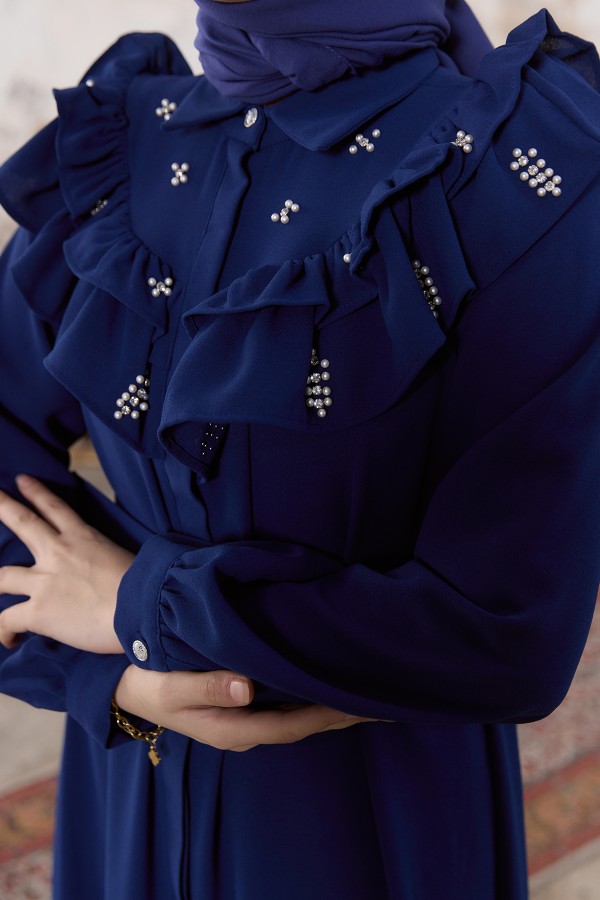 Fırfırlı İncili Elbise - İndigo