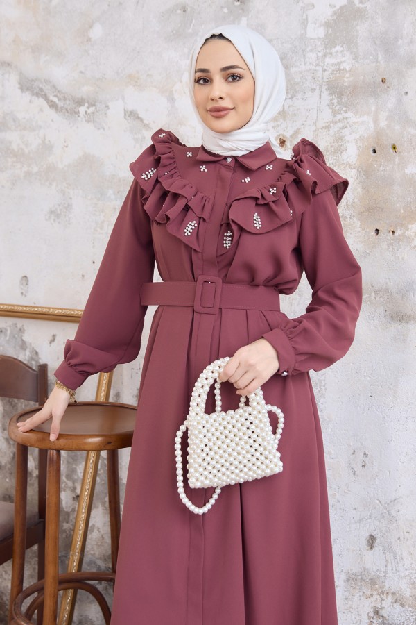 Fırfırlı İncili Elbise - Gül Kurusu