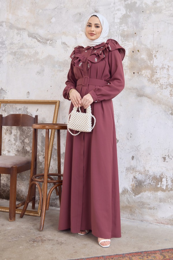 Fırfırlı İncili Elbise - Gül Kurusu