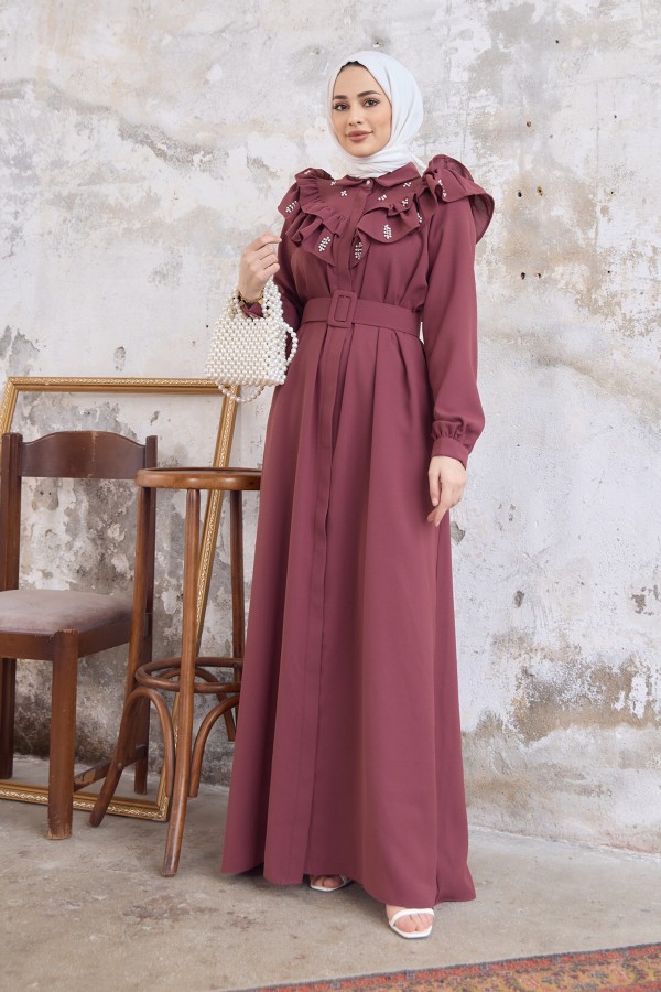 Fırfırlı İncili Elbise - Gül Kurusu