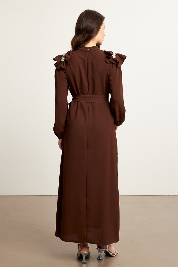 Layla Aksesuarlı Elbise - Kahve