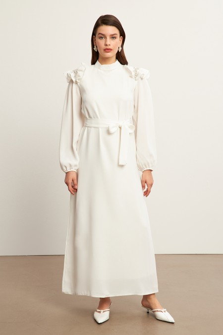 Layla Aksesuarlı Elbise - Ekru