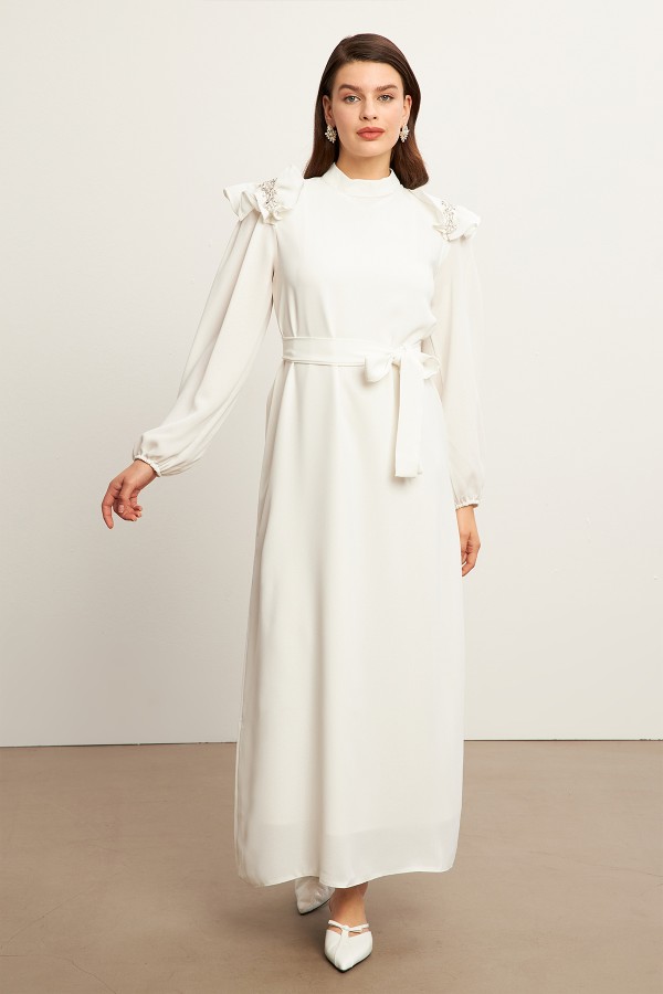 Layla Aksesuarlı Elbise - Ekru