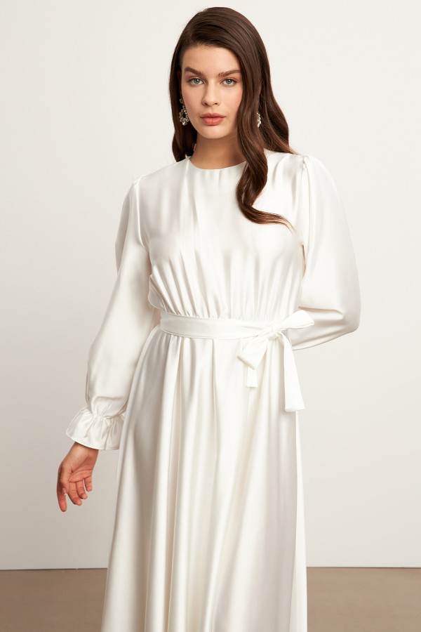 Liza Belted Satin Dress - Ecru