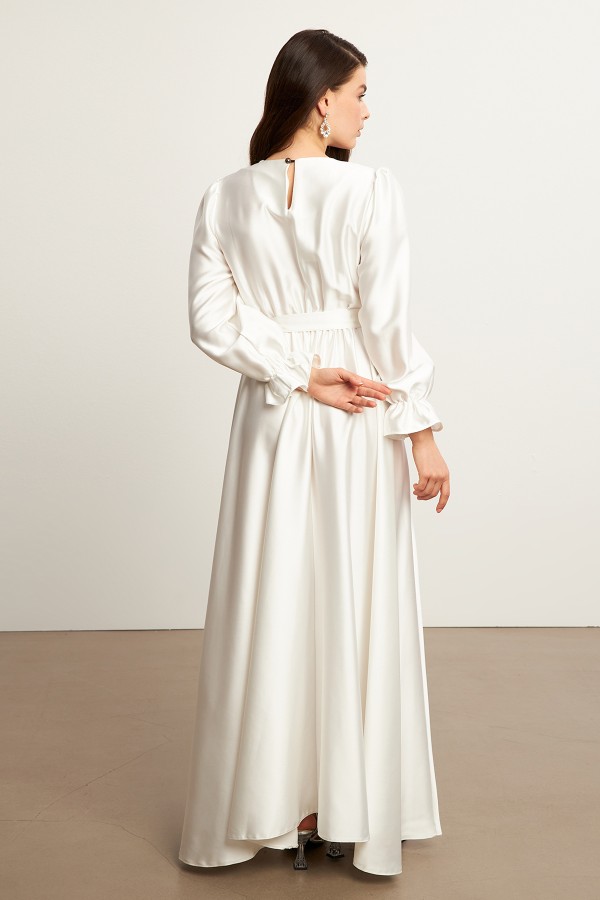 Liza Belted Satin Dress - Ecru