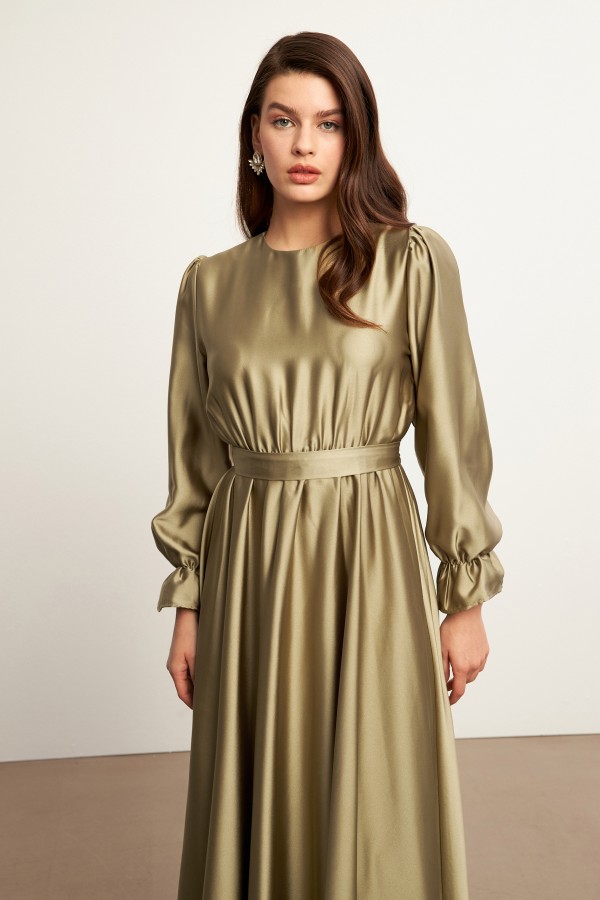 Liza Belted Satin Dress - Green