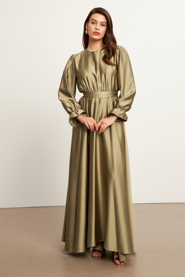 Liza Belted Satin Dress - Green