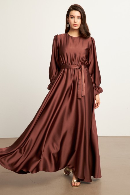 Liza Belted Satin Dress - Brown